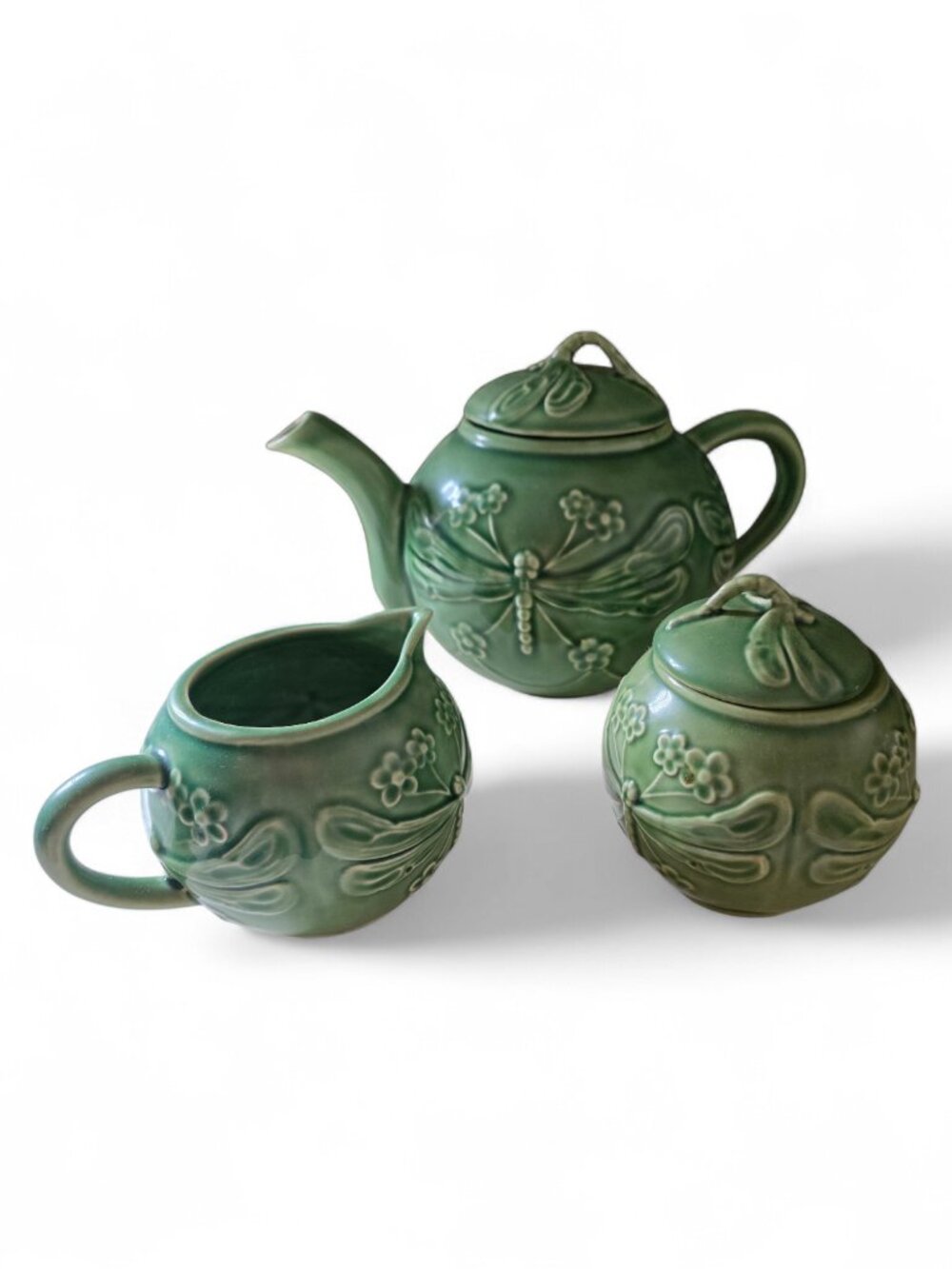 Rare Bordallo Pinheiro Portugal Green Dragonfly Teapot, Sugar & Creamer Set Cate